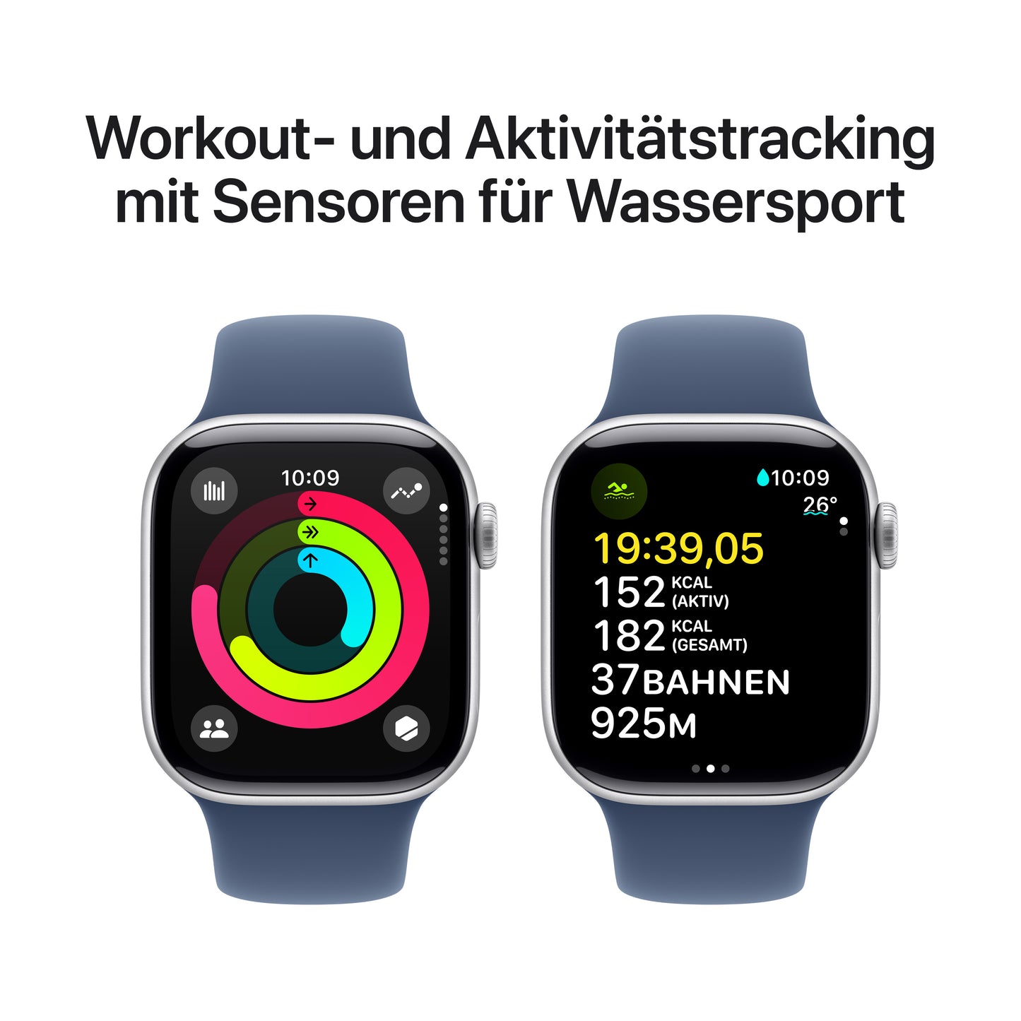 Apple Watch Series 10 GPS, Aluminium silber, 42mm mit Sportarmband, denim - S/M