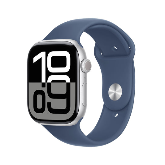 Apple Watch Series 10 GPS, Aluminium silber, 46mm mit Sportarmband, denim - M/L