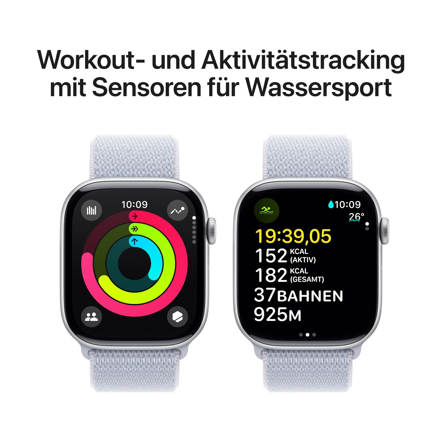 Apple Watch Series 10 GPS, Aluminium silber, 46mm mit Sport-Loop, wolkenblau