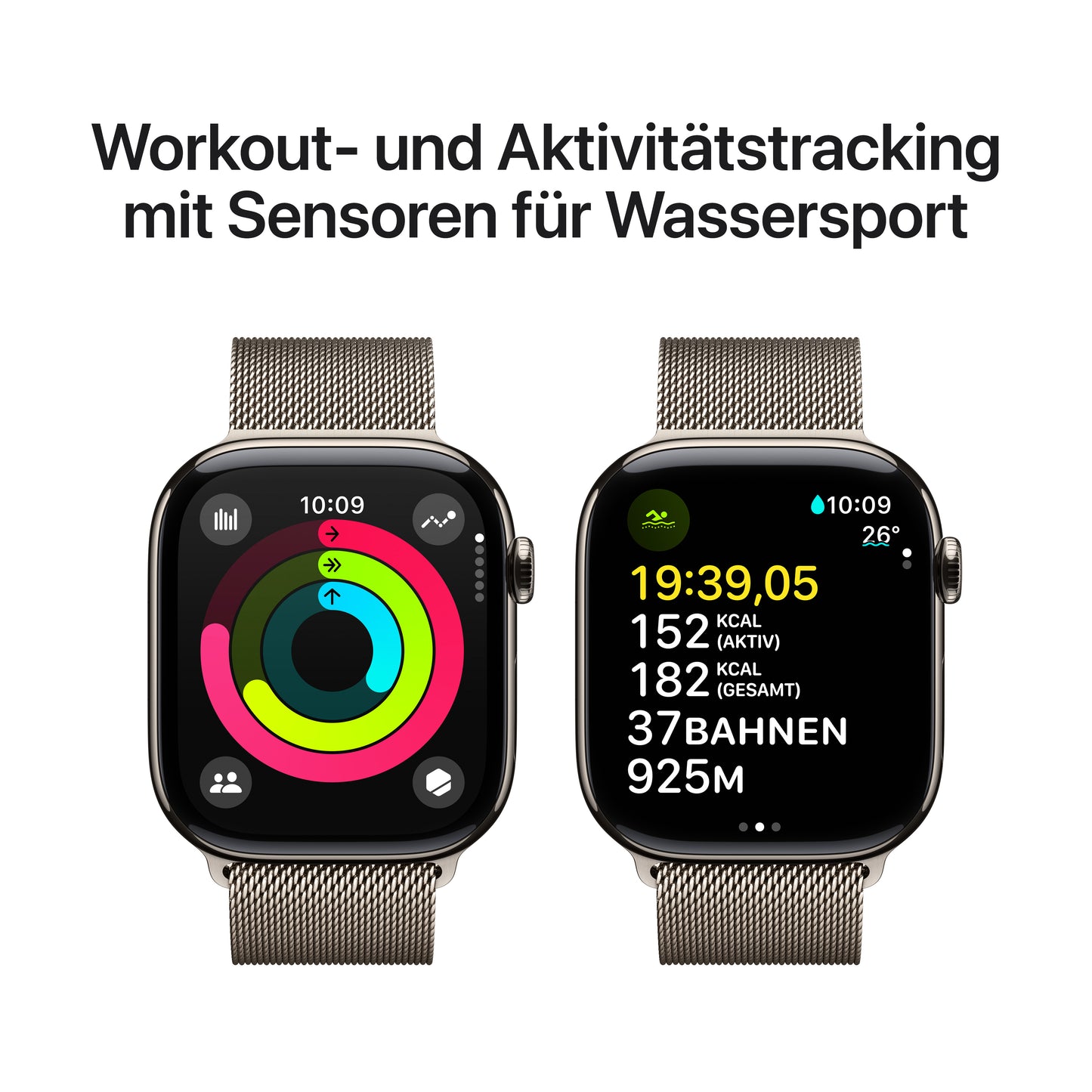 Apple Watch Series 10 GPS + Cellular, Titan natur, 46mm mit Milanaise-Armband, natur - S/M