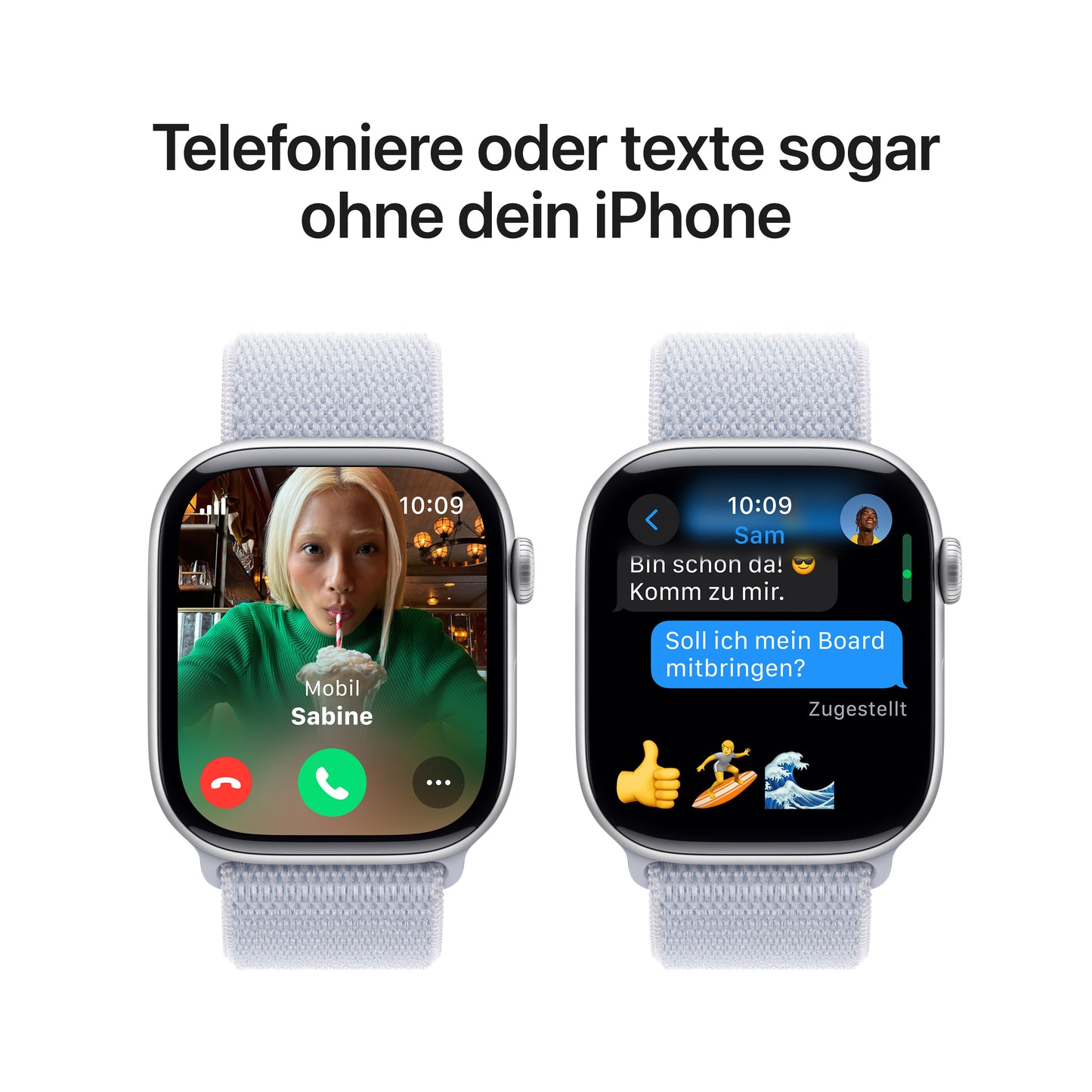 Apple Watch Series 10 GPS + Cellular, Aluminium silber, 46mm mit Sport-Loop, wolkenblau