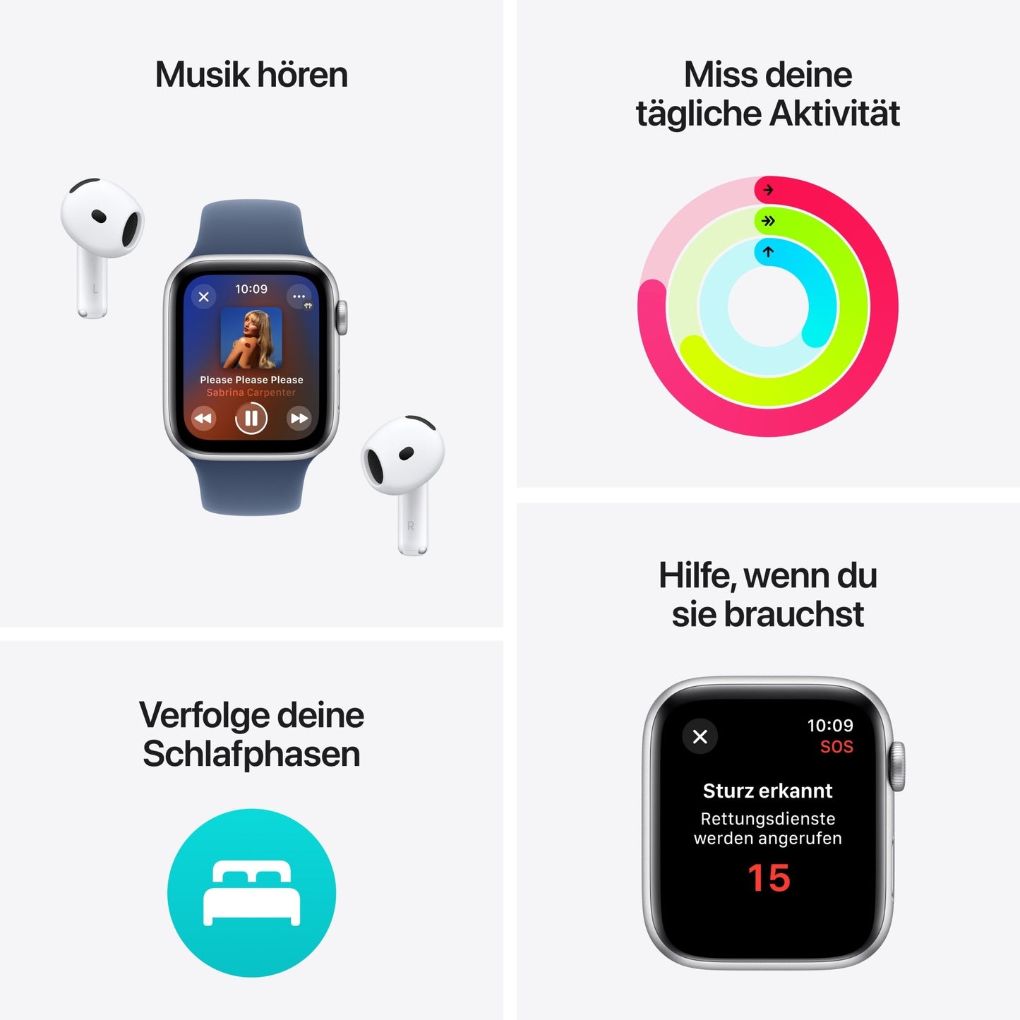 Eine Collage zeigt Features der Apple Watch SE GPS, Aluminium Polarstern, 40mm: Musik mit AirPods, Aktivitätsringe, Gesundheits-Tracking und Sturzerkennung mit Notruf. Der Text ist auf Deutsch.