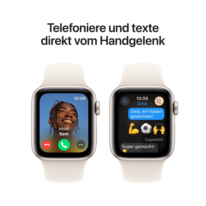 Eine Apple Watch SE GPS, Aluminium polarstern 40mm von Apple zeigt einen Anruf von Sam mit Foto, während eine andere Benachrichtigung einen Chat mit Emojis anzeigt. Text: "Telefone und texte direkt vom Handgelenk".