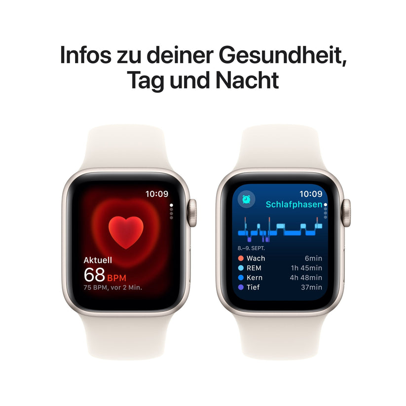 Zwei Apple Watch SE GPS (40mm, Aluminium-Polarstern, Sportarmband S/M) mit weißen Bändern zeigen Gesundheitsdaten an - Herzfrequenz (68 BPM), Schlafphasen. Deutscher Text: "Infos zu deiner Gesundheit, Tag und Nacht." Perfekt für umfassendes Tracking.