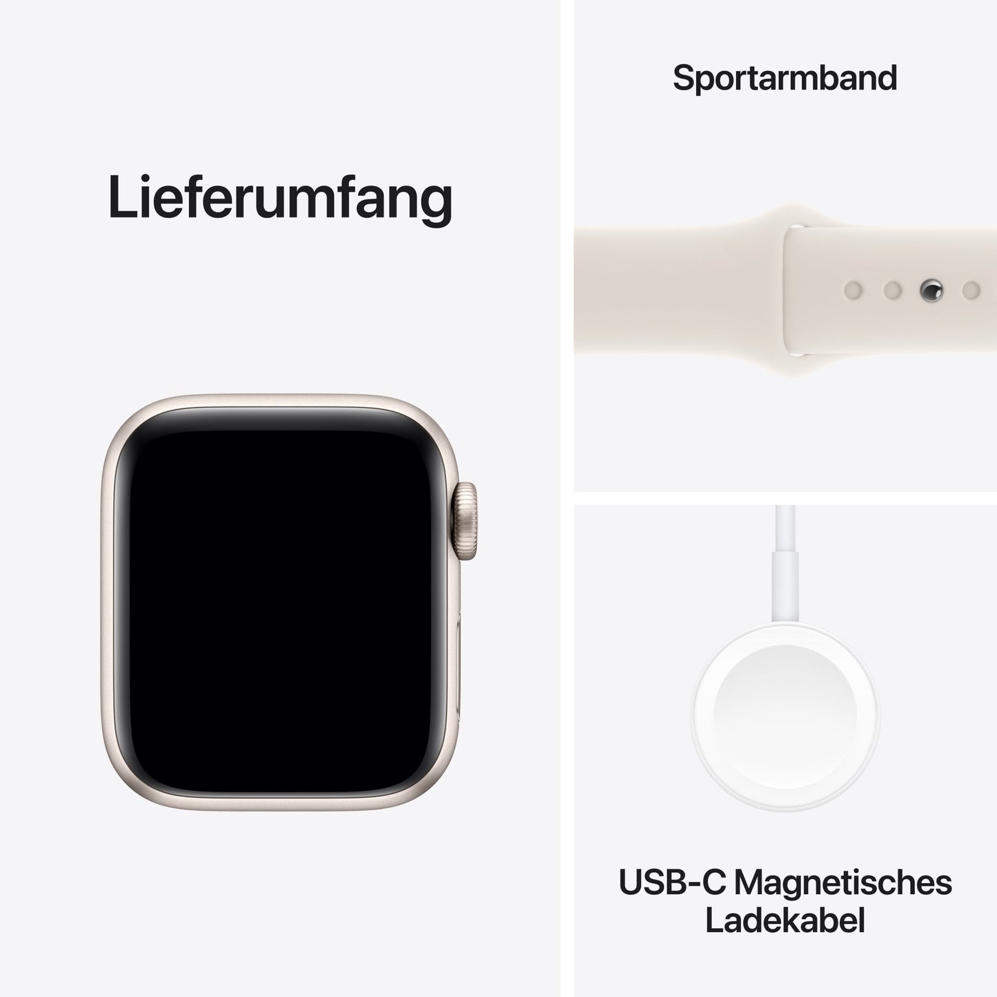 Apple Watch SE GPS von Apple, 40mm Aluminiumgehäuse in Polarstern mit passendem Sportarmband (S/M), incl. Gesundheits-Tracking und Sturzerkennung, abgebildet auf weißem Hintergrund mit deutscher Lieferumfangs-Beschriftung.