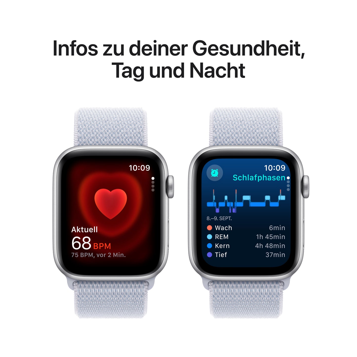 Apple Watch SE GPS, Aluminium silber, 44mm mit Sport-Loop, wolkenblau