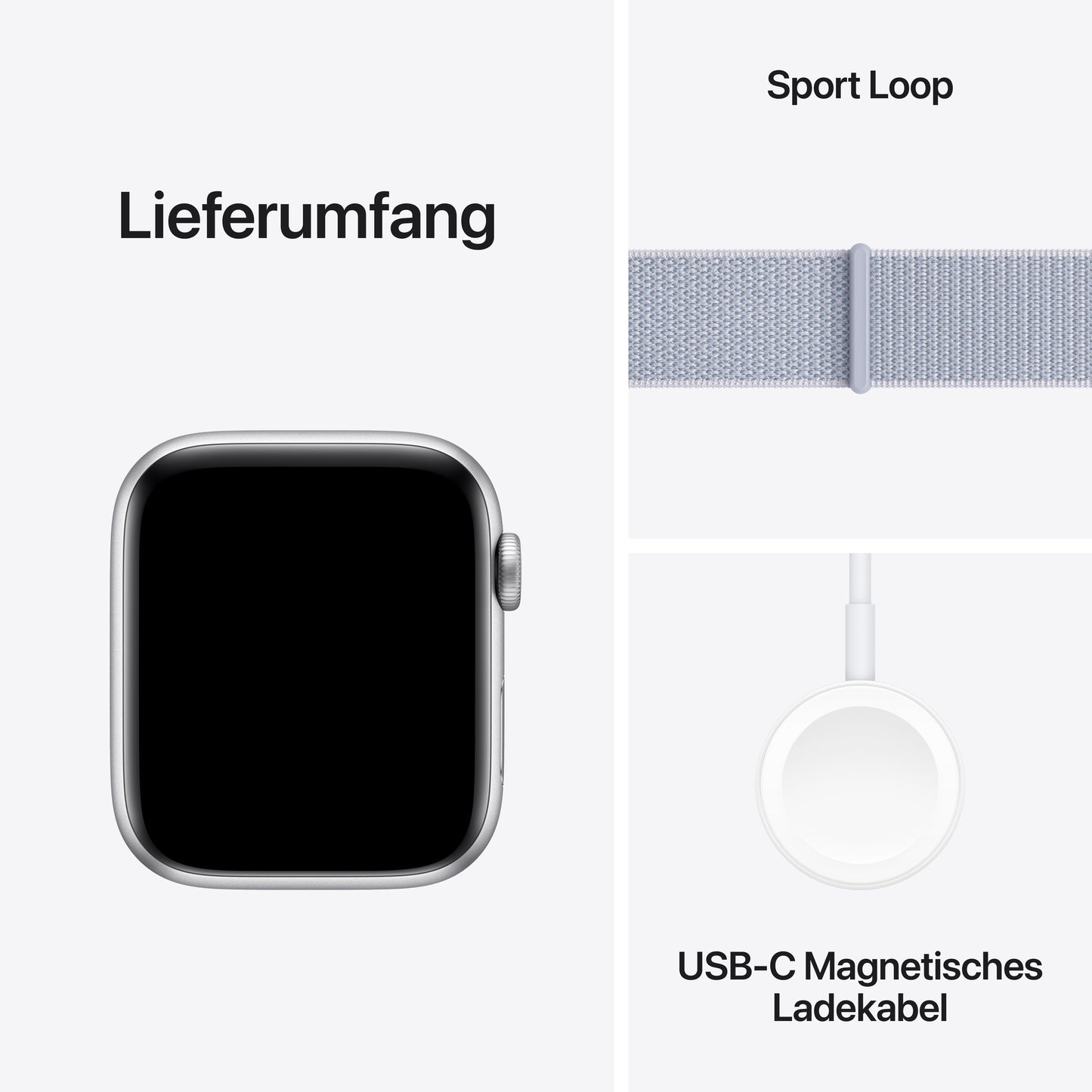 Apple Watch SE GPS, Aluminium silber, 44mm mit Sport-Loop, wolkenblau