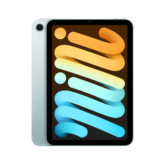 The Apple iPad mini Wi-Fi + Cellular (7. Gen.) in blau, 128GB, 8,3 Zoll is shown with a vibrant abstract design on the screen and the rear camera partially visible. Compatible with Apple Pencil Pro.
