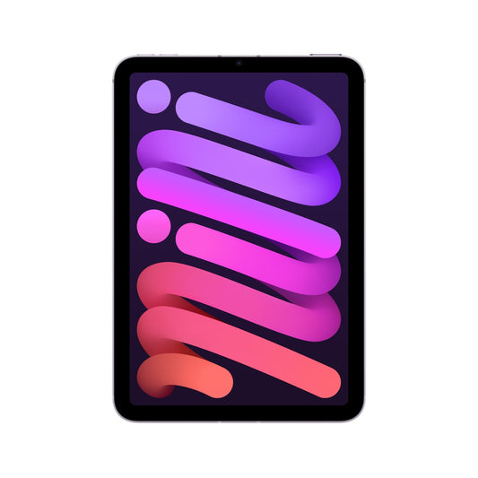 The Apple iPad mini Wi-Fi + Cellular (7th Gen.) in violett, 256GB, 8.3 Zoll features a vibrant display with colorful abstract curves and supports the Apple Pencil Pro, powered by the advanced A17 Pro Chip.