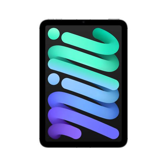 The Apple iPad mini Wi-Fi + Cellular, 256GB, space grau, 8.3" (7. Gen.), is shown with a vibrant abstract wallpaper of green, blue, and purple swirls on its display against a white background; supports Apple Pencil Pro.