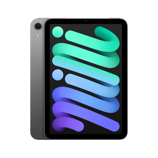 The Apple iPad mini Wi-Fi, 512GB, space grau, 8.3 Zoll (7. Gen.) features a Liquid Retina Display and sleek modern design, with its vibrant abstract green-blue-purple screen slightly overlapping an identical device in the background.