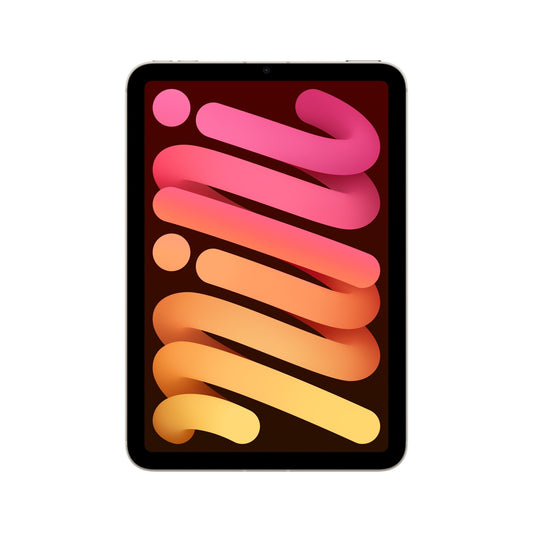 An Apple iPad mini Wi-Fi + Cellular, 128GB, polarstern, 8.3 Zoll (7. Gen.) displays a vibrant abstract of wavy pink, orange, and yellow lines on its screen against a white background.