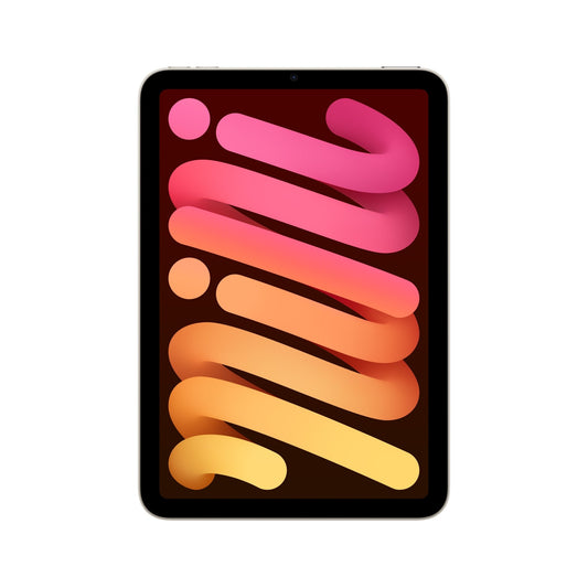 The Apple iPad mini Wi-Fi, 256GB, polarstern, 8.3 Zoll (7. Gen.) features a black frame and displays a vibrant abstract design with pink, orange, and yellow wavy lines. Compatible with Apple Pencil Pro for enhanced creativity.