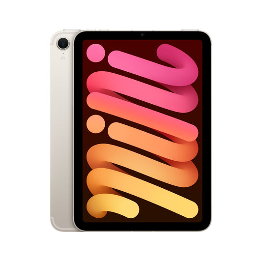 A polarstern iPad mini Wi‑Fi + Cellular (7th gen, 8.3", 128GB) by Apple is shown front and back, screens on with "mini" in bold, colorful gradient letters on black. Overlapping view. Compatible with Apple Pencil Pro.
