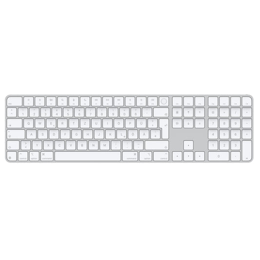 Das Apple Magic Keyboard mit Touch ID und Ziffernblock für Mac mit Apple Chip von Apple bietet weiße Tasten, USB-C Anschluss und ein vollständiges Layout inkl.. Ziffernblock, Funktionstasten und Touch ID - gesehen von oben auf weißem Hintergrund.