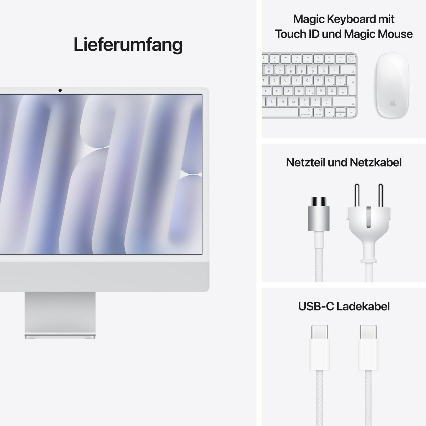 iMac 24 Zoll mit 4.5K Retina Display mit Nanotexturglas, M4 Chip 10-Core CPU und 10-Core GPU, 16GB, 256GB SSD, silber