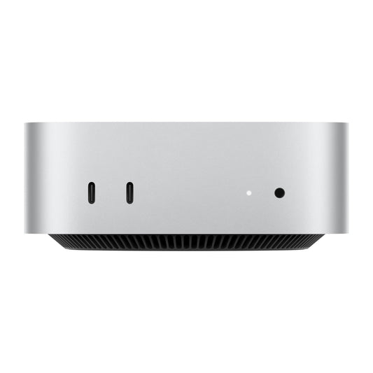 Gümüş renkli Apple Mac mini M4 Chip'in (10 Çekirdekli CPU, 10 Çekirdekli GPU, 16GB RAM, 512GB SSD) önden görünümü, iki Thunderbolt/USB-C bağlantı noktası, dairesel gösterge ışığı, kulaklık girişi; altta siyah havalandırmalı soğutma bölümü var.