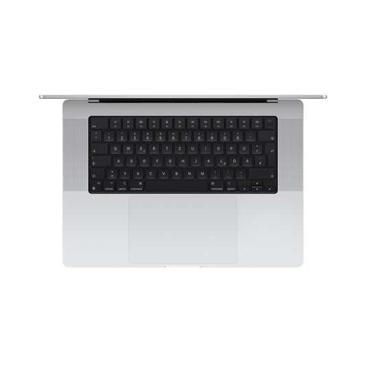 Top-down view of an Apple MacBook Pro 16 Zoll in silber with M4 Pro Chip, 14-Core CPU, 20-Core GPU, black keyboard, and large trackpad on a white background. The display is open but not visible from this angle.