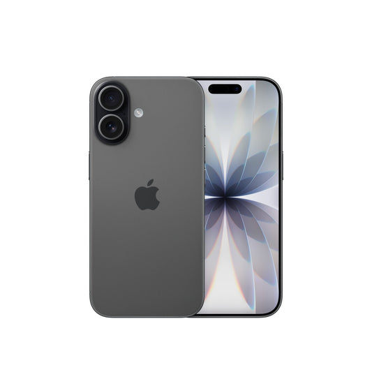 The Apple iPhone 17 256GB Schwarz is shown front and back, featuring dual 48 MP Rückkameras, a geometric floral wallpaper, the Apple logo, and a sleek design powered by the advanced A19 Chip.