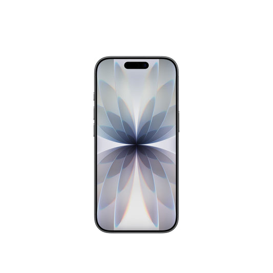 The Apple iPhone 17 256GB Schwarz features a slim black frame and a 48 MP Rückkamera, displaying a symmetrical, abstract petal pattern in gray and blue on its screen against a plain white background.