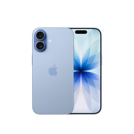 An Apple iPhone 17 256GB in Nebelblau is shown with dual 48 MP Rückkameras, its back facing forward. Another iPhone displays a blue and white floral abstract on the screen. Both are set against a plain white background.