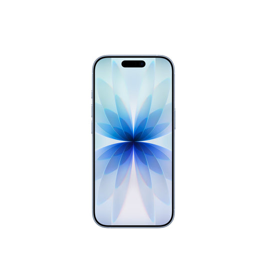 The Apple iPhone 17 256GB in Nebelblau showcases a modern design with a slim bezel and 48 MP Rückkameras, displaying a symmetrical blue and white floral pattern on its screen against a white background.