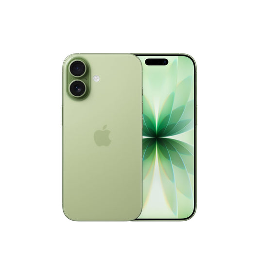Apple's iPhone 17 256GB Salbei is shown front and back, featuring dual rear cameras with a 48 MP Rückkamera. The display shows a green and white abstract floral design on a white background.