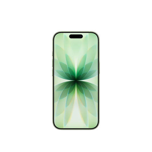 The Apple iPhone 17 256GB Salbei stands upright against a plain white background, showcasing a floral abstract design on its screen and featuring the powerful A19 chip for smooth performance.