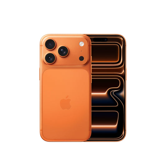 The Apple iPhone 17 Pro 512GB Cosmic Orange is shown: one device displays an abstract orange and black wallpaper, while the other reveals the Apple logo and triple rear cameras with a powerful 48 MP Rückkamera against a white background.