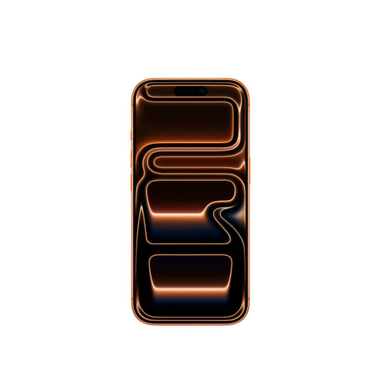 The Apple iPhone 17 Pro 512GB Cosmic Orange features a shiny metallic orange frame and dark abstract wallpaper with glowing orange lines, powered by the advanced A19 Pro Chip, shown against a plain white background.