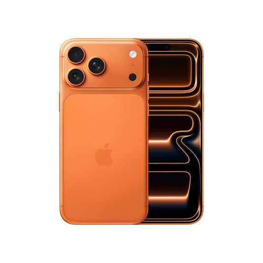 The Apple iPhone 17 Pro Max 256GB Cosmic Orange with 48 MP triple rear cameras appears beside a darker abstract phone screen featuring glowing orange accents.