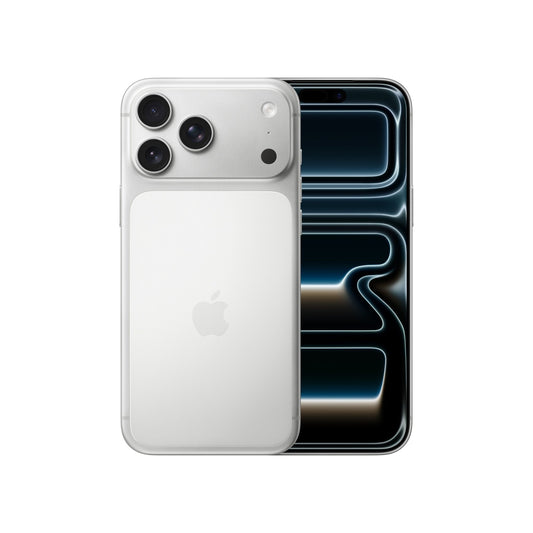 An Apple iPhone 17 Pro Max 256GB Silber with triple 48 MP rear cameras stands in front of another iPhone showcasing a futuristic blue and black patterned screen, both set against a white background.