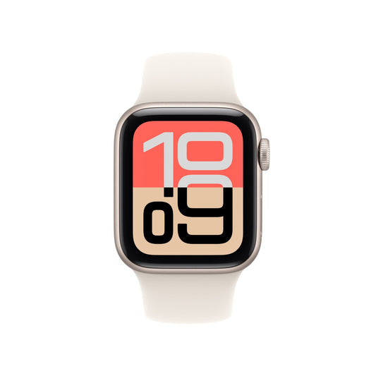 Apple Watch SE 3 GPS + Cellular 40mm in Sternenlicht Aluminium with Sternenlicht Sportarmband (M/L), 10:09'da kırmızı, bej ve siyah renklerde kalın bir dijital saat kadranı gösteriyor; tıpkı Apple'dan beklediğiniz gibi fitness takibi ve sağlık için ideal.