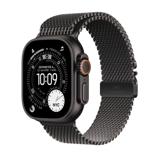 Apple Watch Ultra 3 GPS + Cellular 49mm Schwarzes Titan Case mit Schwarzem Titan Milanaise Loop - Medium