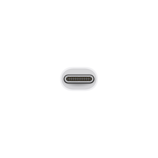 Apple Thunderbolt 3 (USB-C) auf Thunderbolt 2 Adaptörü ile kullanım için mükemmel olan, beyaz üzerine metalik pimli bir USB-C bağlantı noktasının yakın çekimi.