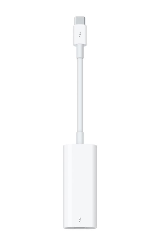 Apple Thunderbolt 3 (USB-C) auf Thunderbolt 2 Adaptörü, MacBook Pro'nuzu bağlamak veya USB-C'yi Thunderbolt 2'ye uyarlamak için mükemmel olan bir USB-C konektörüne ve dikdörtgen bir bağlantı noktasına sahiptir. Düz, açık renkli bir arka planda görüntülenir.