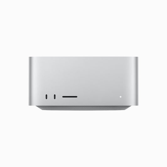 Gümüş renkli Apple Mac Studio M2 Max'in (12 çekirdekli CPU, 38 çekirdekli GPU, 32 GB RAM, 512 GB SSD) önden görünümü; yuvarlatılmış kenarlar, iki USB-C bağlantı noktası, SD kart yuvası ve düz beyaz zemin üzerinde küçük dairesel LED.