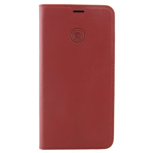 Das Galeli Book Case MARC für iPhone 11 Pro Max in rot von Mike Galeli zeichnet sich durch hochwertiges rotes Leder, abgerundete Ecken und ein eingeprägtes kreisförmiges Logo im oberen Bereich aus.