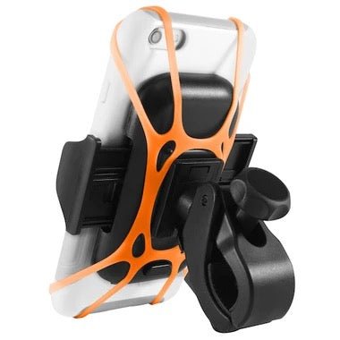 Der Macally Bikeholder, eine schwarz-orangefarbene Smartphone-Halterung mit Klemme und elastischem orangefarbenem Band, lässt sich sicher an Ihrem Gerät befestigen - ideal für die Fahrradnavigation unterwegs.