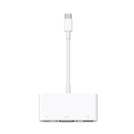 Der Apple USB-C VGA Multiport Adapter von Apple ist ein weißer Adapter mit kurzem Kabel, der über HDMI-, USB-A-, VGA- und USB-C-Anschlüsse auf einer rechteckigen Basis verfügt - ideal für die Erweiterung der Anschlussmöglichkeiten Ihres MacBooks.