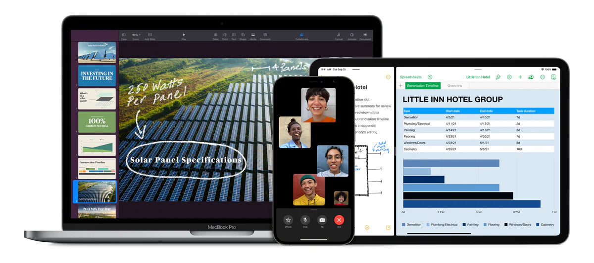Ein MacBook, ein iPad und ein iPhone zeigen verschiedene Bildschirme an: eine Solarpanel-Präsentation, eine Tabellenkalkulation für eine Hotelgruppe mit Balkendiagrammen und ein Videogespräch mit vier Personen. Die Geräte sind nebeneinander angeordnet.