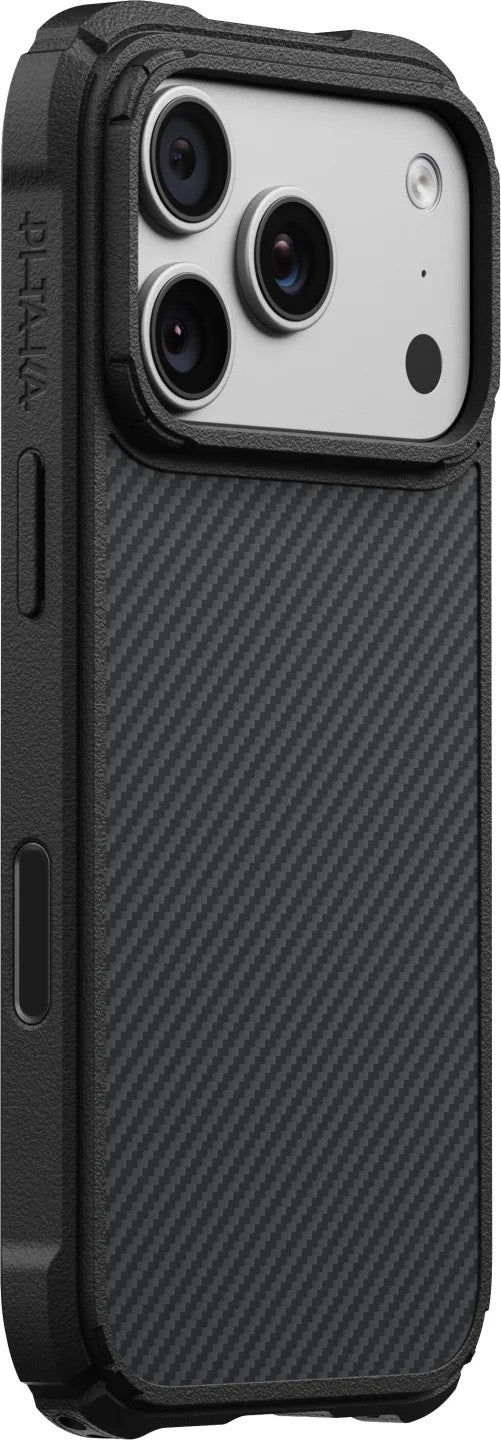 A rugged Pitaka Cairn Case iPhone 17 Pro/18 Pro Black/Grey Twill with a carbon fiber pattern, featuring a raised square camera cutout and protective edges.