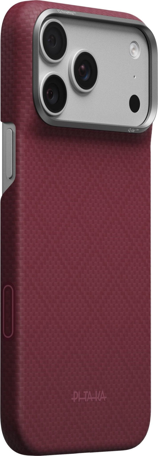 Pitaka Edge Case iPhone 17 Pro Max/18 Pro Max Burgundy Argyle with a silver camera bezel and a subtle geometric pattern.