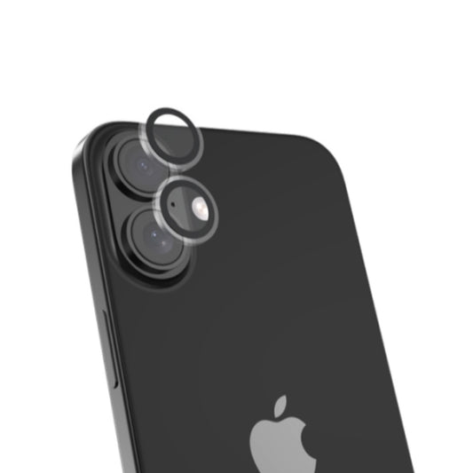 Eine Nahaufnahme eines schwarzen iPhone 16 zeigt die beiden Kameras mit DEVIA Peak Series Crystal Kameraschutz-Abdeckungen, die Schutz und Stil betonen. Das Apple-Logo befindet sich unter den transparenten Devia-Kameraschutzkappen.