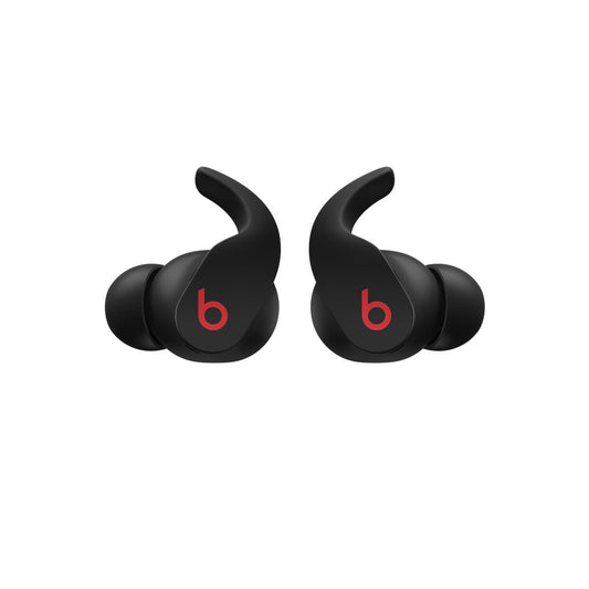 Ein Paar Beats Fit Pro komplett kabellose In-Ear Kopfhörer in Schwarz von Apple, mit roten "b"-Logos und komfortablem Sitz, vor weißem Hintergrund.