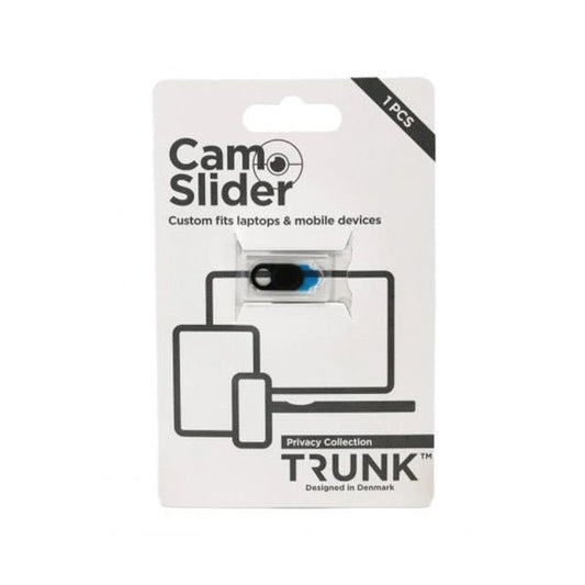 Eine Trunk Camslider, schwarz Verpackung enthält eine kleine Webcam Abdeckung für Laptops und mobile Geräte. Die Verpackung zeigt Geräteabbildungen, zeigt den Markennamen Trunk und betont den Schutz der Privatsphäre.