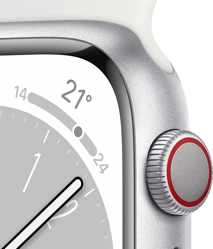 Apple Watch Series 8 GPS + Cellular, Aluminium silber, 45mm mit Sportarmband, weiß