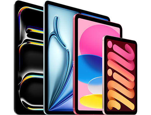 Schräge Ansicht der iPad Produktfamilie – iPad Pro, iPad Air, iPad 10. Generation, iPad 9. Generation und iPad mini