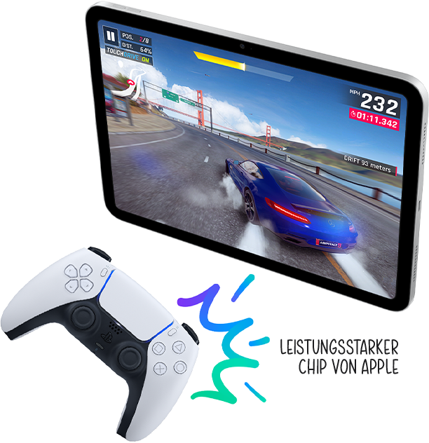 Ein Game Controller ist drahtlos mit dem iPad verbunden. Eine Anmerkung zeigt auf das iPad und lautet „Leistungsstarker Chip von Apple“
