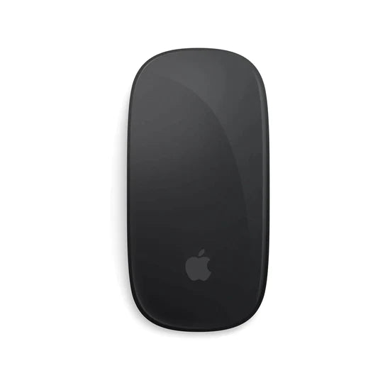 Eine schwarze Apple Magic Mouse, von oben betrachtet, zeichnet sich durch ein schlankes, minimalistisches Design mit einer gewölbten, glänzenden Oberfläche und dem Apple-Logo in der unteren Mitte vor einem schlichten weißen Hintergrund aus.